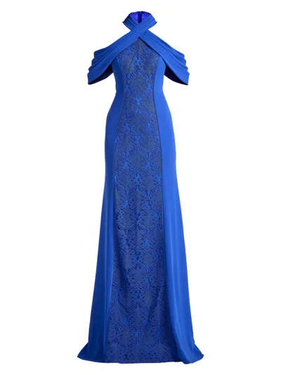 Tadashi Shoji Women's Cold-shoulder Corded Lace Gown In Mystic Blue