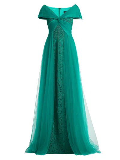Tadashi Shoji Parello Embroidered Off-shoulder Tulle Gown In Green
