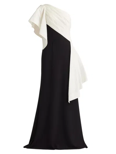 Tadashi Shoji Draped One-shoulder Mixed Media Gown In Black
