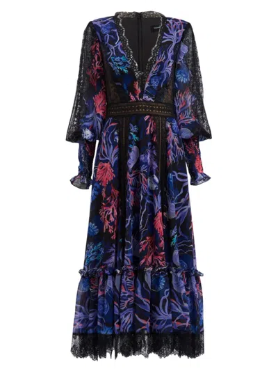 Tadashi Shoji Coral-print Lace-trim Bishop-sleeve Midi Dress In Garnet