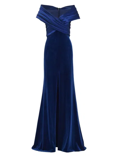 Tadashi Shoji Bal24730l Pleated Long Formal Velvet Evening Dress In Blue