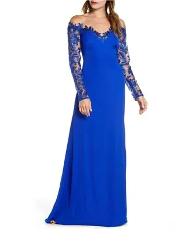 Pre-owned Tadashi Shoji Womens Crepe Lace A-line Gown Dress In Blue