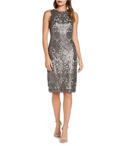 Pre-owned Tadashi Shoji Womens Sleeveless Sequin Lace Sheath Dress, Grey, 10 In Dkpearlgray