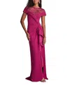 Tadashi Shoji Short Sleeve Gathered Slit Gown In Purple