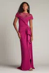 Tadashi Shoji Short Sleeve Gathered Slit Gown In Pink