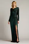 Tadashi Shoji Zina Metallic Draped Cowl Back Gown In Green