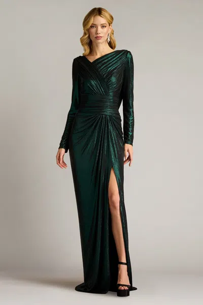 Tadashi Shoji Zina Metallic Draped Cowl Back Gown In Green