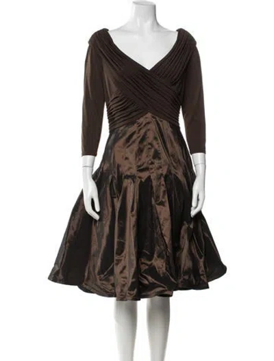 Pre-owned Tadashi V-neck Knee-length Dress In Brown