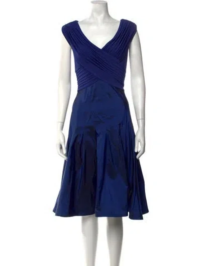 Pre-owned Tadashi V-neck Midi Length Dress In Blue