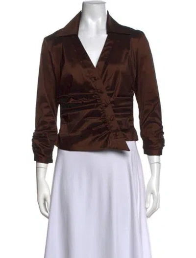 Pre-owned Tadashi V-neck Three-quarter Sleeve Blouse In Brown