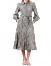 Taelynn Long Sleeve Leaf Embroidered Dress In Olive In Gray