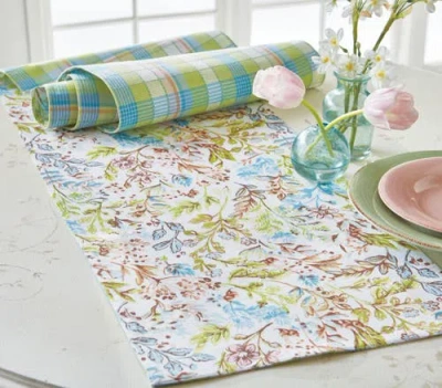 Tag 14.5" X 72" Meadow Runner Reversible Hand Screen Printed Floral Design And Plaid Backing Table H In Multi