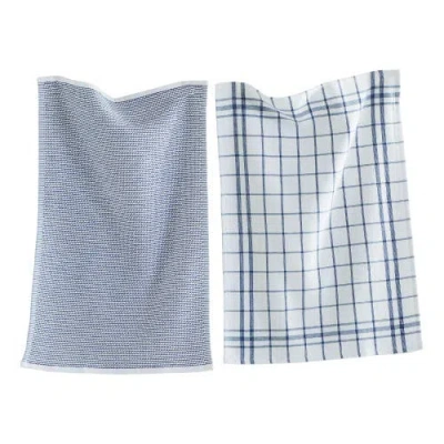 Tag 26l"x18w" Classic Navy Cotton Set Of 2 Checked And Solid Terry Cloth Dishtowel Kitchen Towel Mac In Blue