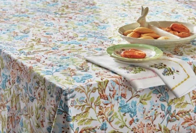 Tag 84" X 60" Meadow Tablecloth Cotton Table Topper With Hand Screen Printed Floral Design For Dinin In Blue