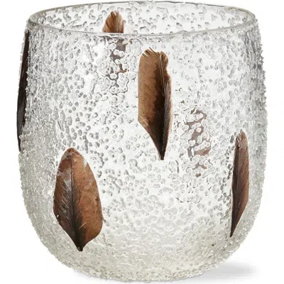 Tag Bubble Glass Pillar Candle Holder With Embedded Feathers In Multi
