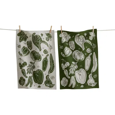 Tag Canyon Print Veggies Dishtowel S/2 Olive Olive Cotton Everyday In Green