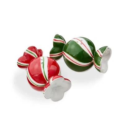 Tag Christmas Peppermint Candy Shaped Ceramic Green And Red Salt & Pepper Shaker Set Of 2 In Multi