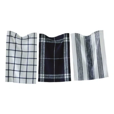 Tag Classic Dishtowel Set Of 3 Check Stripe Window Pane Black Cotton Yarn Dye Slub Weave Enzyme Wash In Multi