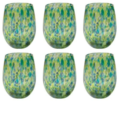 Tag Confetti Glass Stemless Drinkware Set Of 2 Green Blue