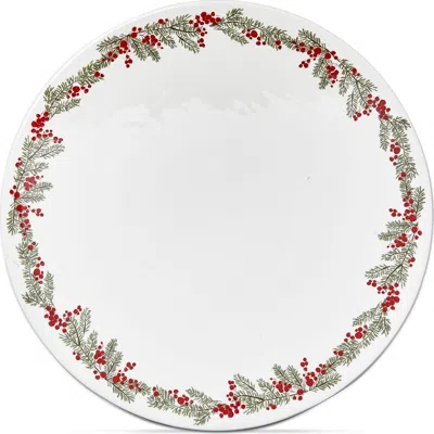 Tag Farmhouse Christmas White With Red Holly Stoneware Pedestal Cake Plate 14.0" In Multi