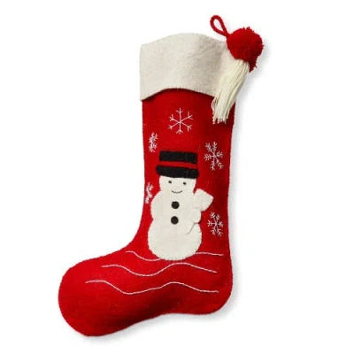 Tag Farmhouse Snowman Holiday Stocking Red Felt Christmas Decor