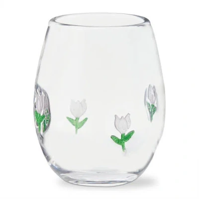 Tag Flower Bouquet Stemless Wine Glass 16 oz Multi Glass 3.5x3.5x4.5 In White