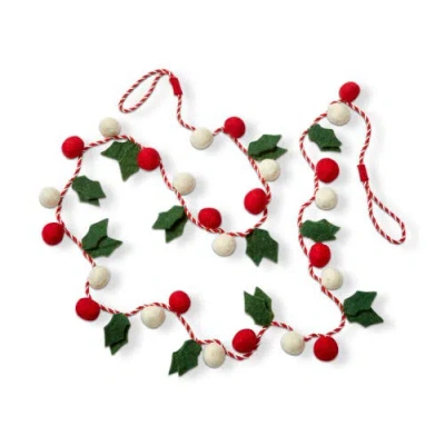 Tag Green Holly Leaves Red White Berries Wool Felt Garland In Multi