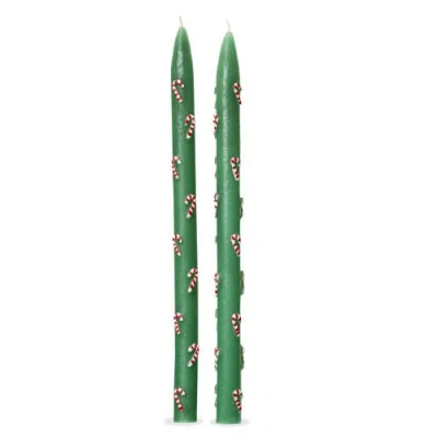 Tag Hand Painted Candy Cane Taper Candles In Green