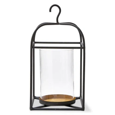Tag Hanging Metal Glass Lantern Pillar Candle Holder Large In Black