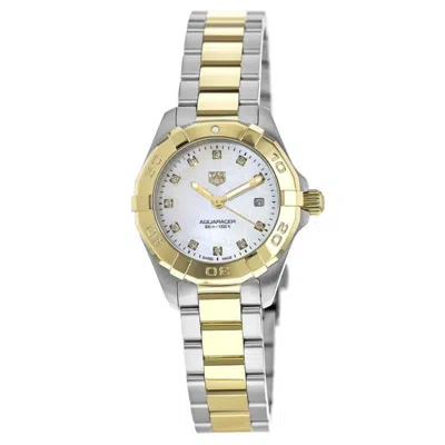 Tag Heuer Aquaracer Lady 300m 27mm Quartz Mother Of Pearl Diamond Dial 18k Yellow Gold Plated Steel Women's Wa In Multi