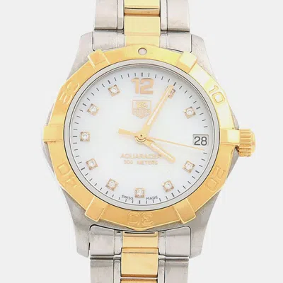 Pre-owned Tag Heuer Aquaracer Waf1320 White Yellow Gold Plated Stainless Steel Diamond Mother Of Pearl Quartz Women's Wa
