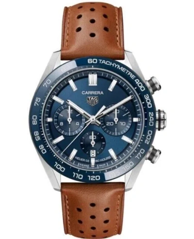 Pre-owned Tag Heuer Carrera Auto Chrono Blue Dial Leather 44 Mm Men's Watch Cbn2a1a.fc6537