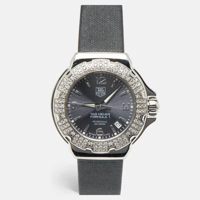 Pre-owned Tag Heuer Formula 1 Wac1218.fc6222 Grey Stainless Steel Diamond Satin Leather Women's Wristwatch 37  In Gray