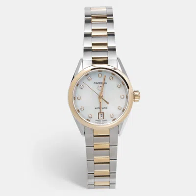 Pre-owned Tag Heuer Mother Of Pearl Diamond 18k Rose Gold Stainless Steel Carrera Wbn2450.bd0569 Women's Wristwatch 29 M In Silver
