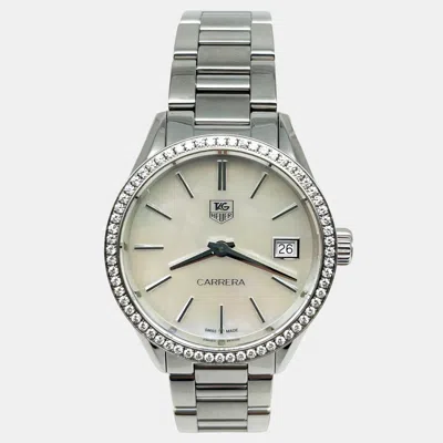 Pre-owned Tag Heuer War1315 Quartz Mop Diamond Stainless Steel Women's Wristwatch 32 Mm In White
