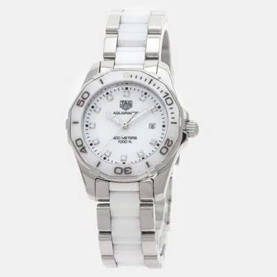Pre-owned Tag Heuer White Ceramic Diamond Mother Of Pearl Aquaracer Quartz Women's Wristwatch 29 Mm