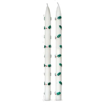 Tag Holly Berries Hand Painted Taper S/2 Green Multi Paraffin Wax Christmas In White
