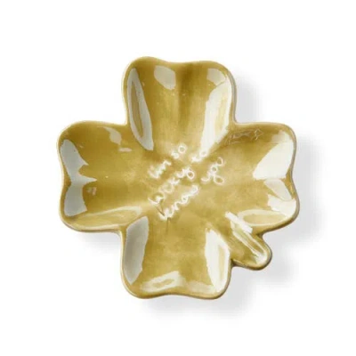 Tag Im So Lucky To Know You Clover Trinket Dish Earthenware Green 3.5x0.5x3.75 In Gold