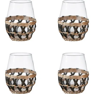 Tag Island Clear Glass With Black Straw Sleeve Set Of 4 In Brown
