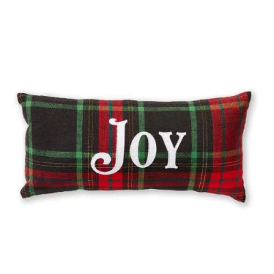 Tag Joy Christmas Plaid Throw Pillow Red Multi Cotton 16x8x3 Machine Washable Decorative Holiday Cus
