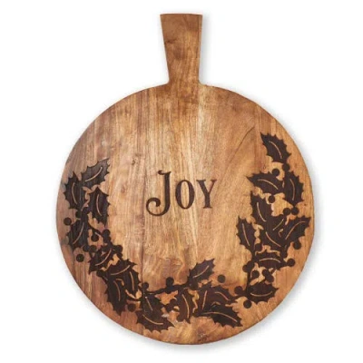Tag Joy Round Wooden Serving Tray Natural Wood For Christmas In Brown