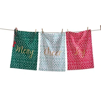 Tag Joyful Set Of Three Cotton Dishtowels For Christmas Kitchen In Red