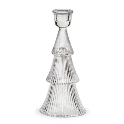 Tag Large Clear Glass Ribbed Taper Candle Holder Elegant Decor In Silver