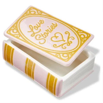 Tag Love Stories Pink Earthenware Book Lidded Trinket Box 3.3x4.5x1.5 In Yellow