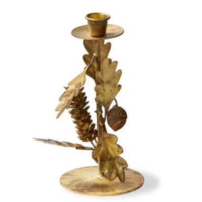 Tag Oak Leaf Acorn Small Taper Candle Holder Antique Brass Gold