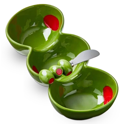 Tag Olive 3-part Earthenware Serving Tray With Spreader Green Multi 12x5.33x2.5