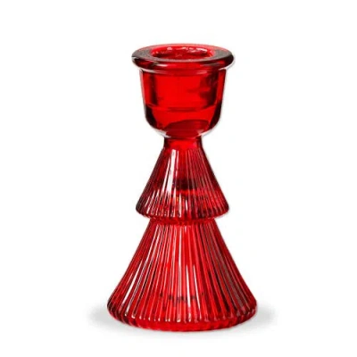 Tag Red Glass Ribbed Taper Candle Holder For Christmas Decor