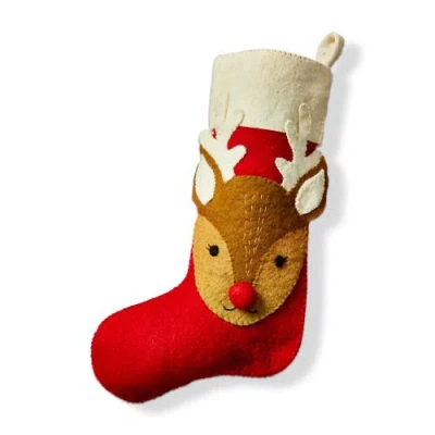 Tag Red Multi Felt Reindeer Holiday Stocking Christmas Decor