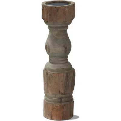 Tag Rustic Turned Pillar Candle Holder Antique Brown Wood Stand