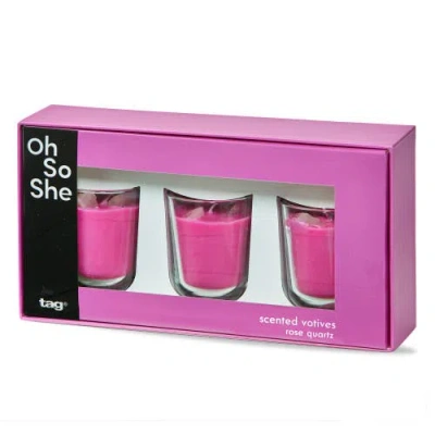 Tag Scented Votive W/rose Quartz Stones S/3 Fuchsia Glass Everyday In Pink